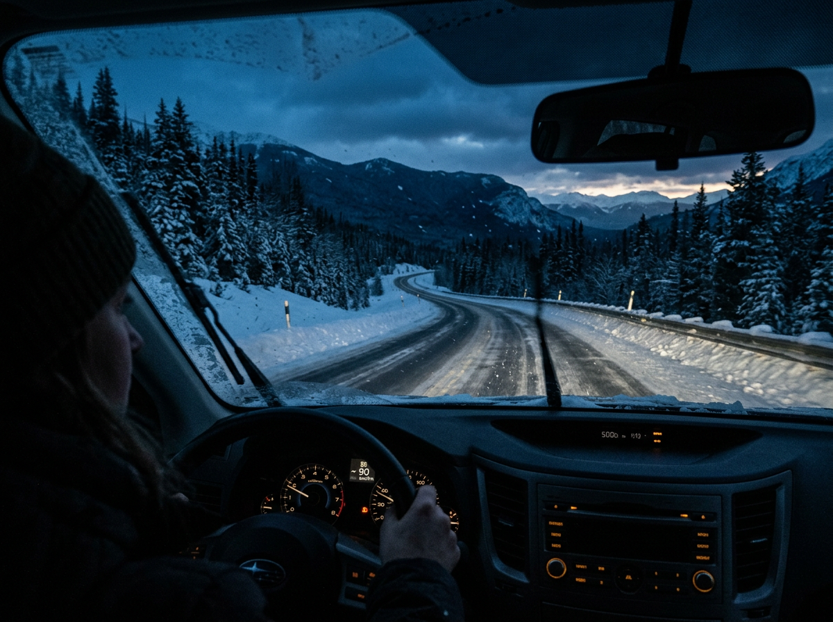 View from car interior of winding snowy mountain road at dusk