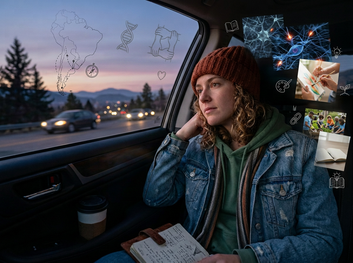 Woman sitting in car looking thoughtful with travel goals and Patagonia map overlays