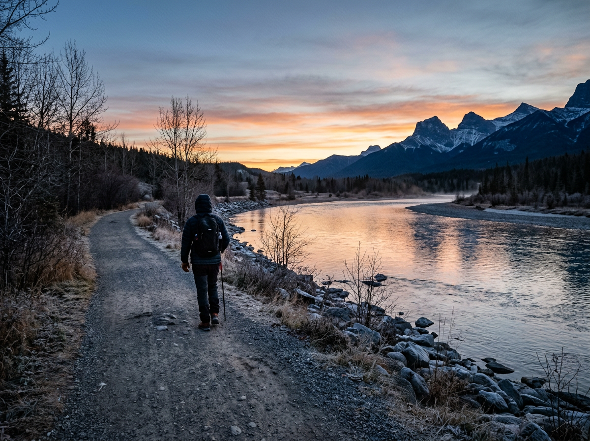 Person hiking on a rocky trail next to a river with mountains in the background at sunset