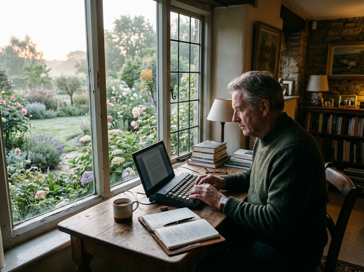 Older man typing on vintage laptop at wooden desk with garden outside window