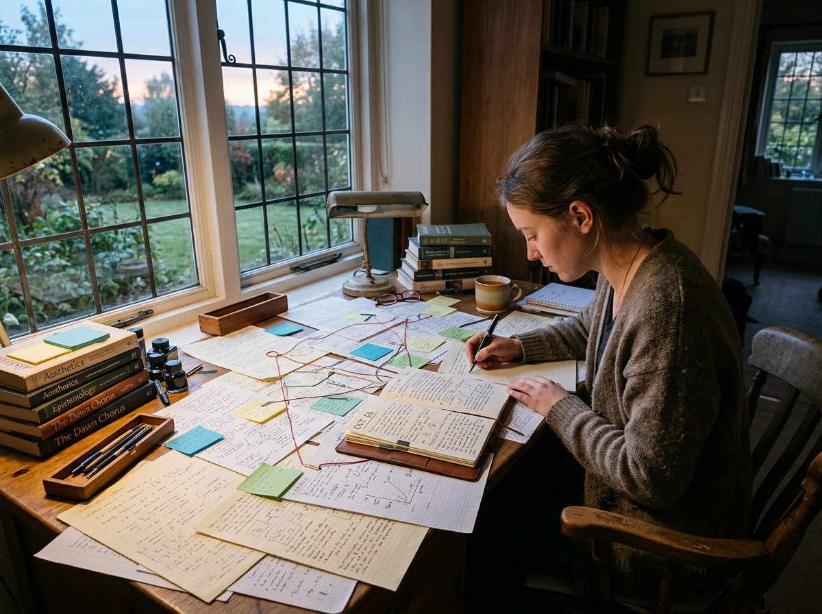 Woman writing notes at a desk covered with papers, books, and string connections
