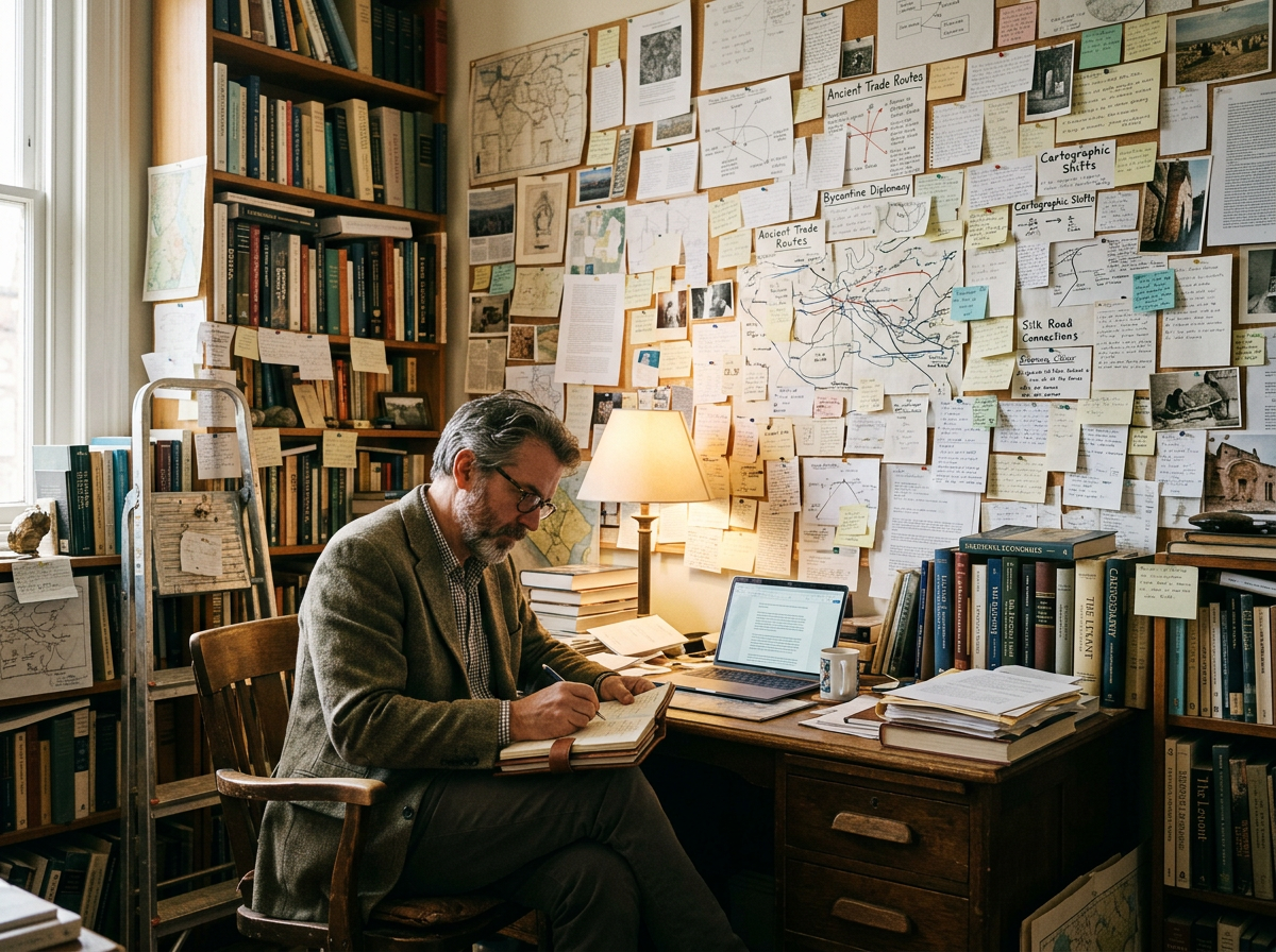Man writing in a notebook at a cluttered desk in a book-filled study