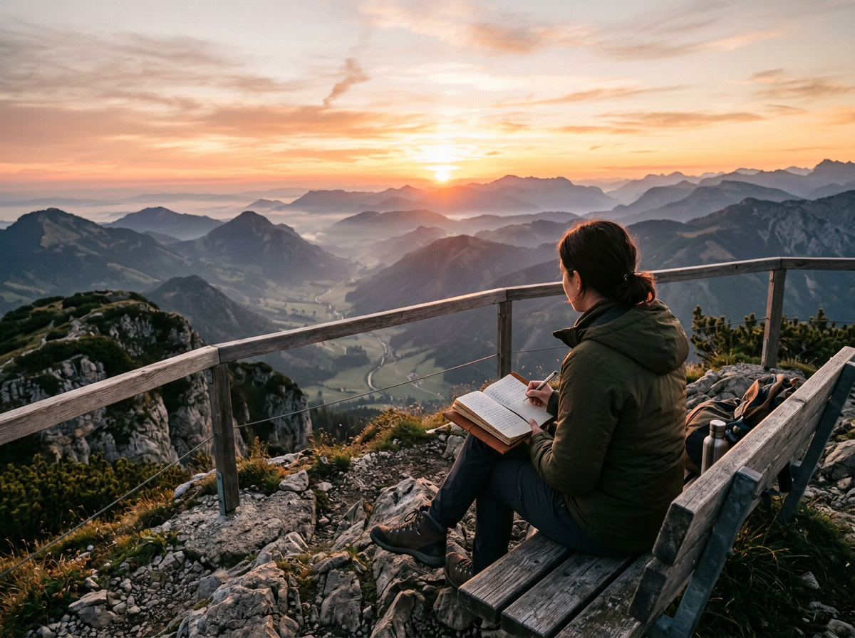 Person sitting on a wooden bench writing in a journal overlooking mountain landscape at sunset