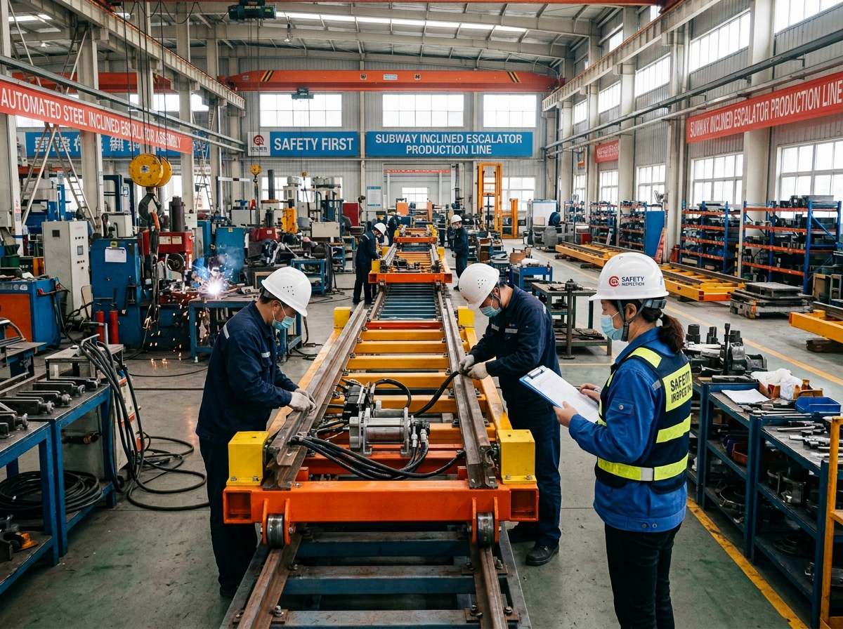 Workers in safety gear assembling and inspecting railway components on an assembly line