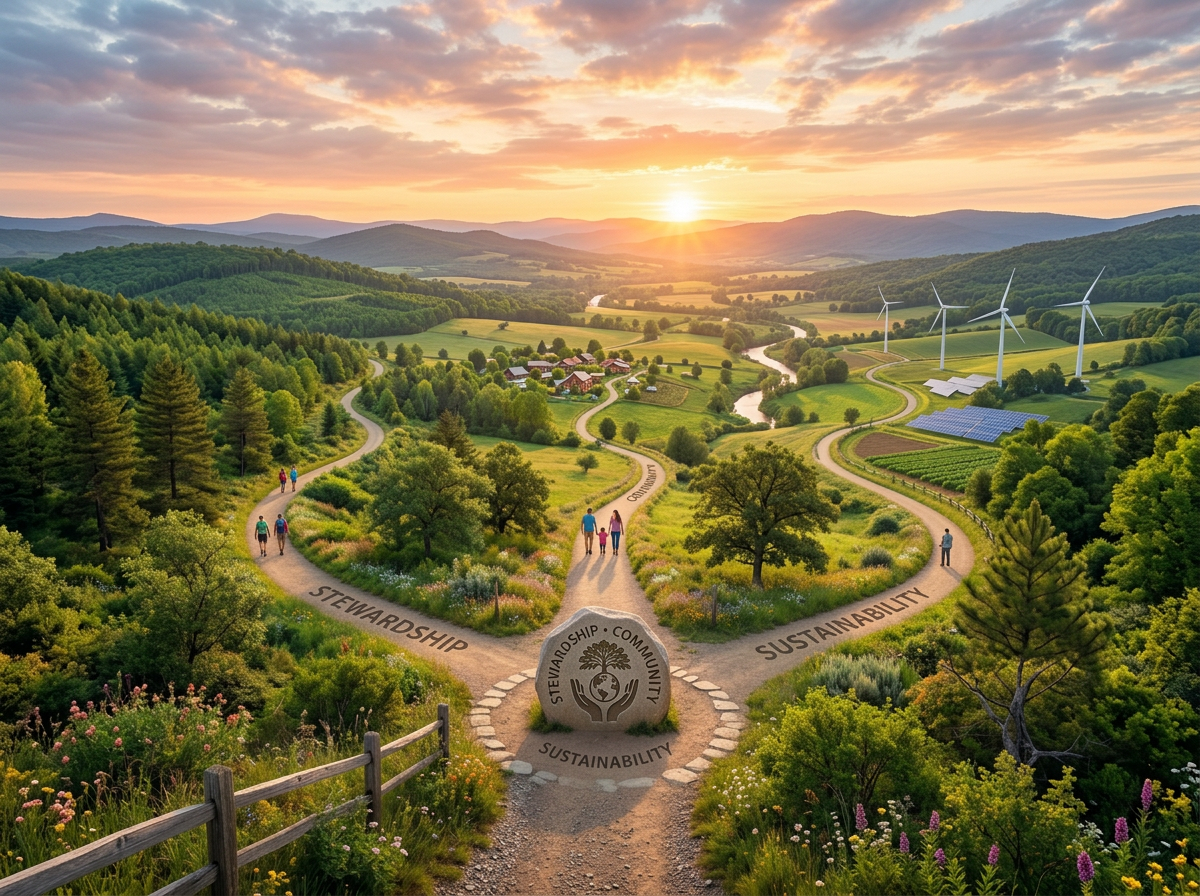 Three paths in a green meadow labeled stewardship, community, and sustainability converging at a stone monument near solar panels and wind turbines