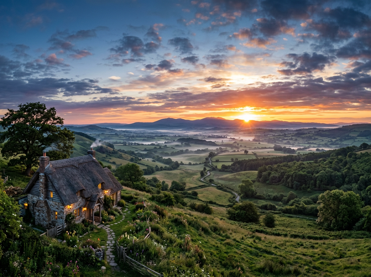 Stone cottage with lit windows surrounded by garden and hills at sunrise with mountains and mist in the background