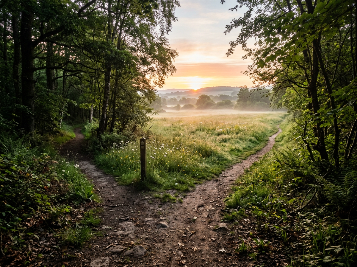 Forked dirt path in forest opening to misty fields at sunrise