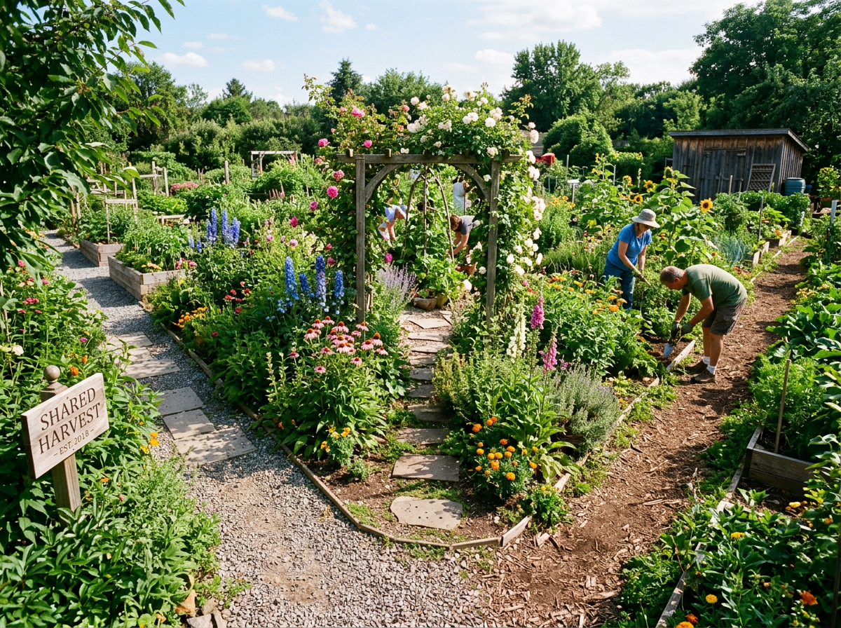 Volunteers gardening among colorful flowers and plants in a shared community garden