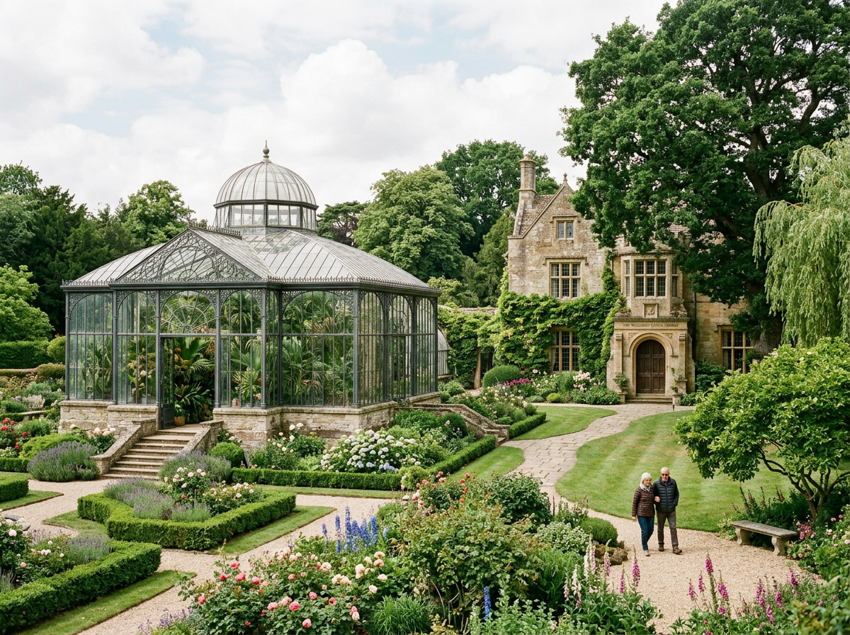 Lush garden with glasshouse and stone manor house, elderly couple walking on path