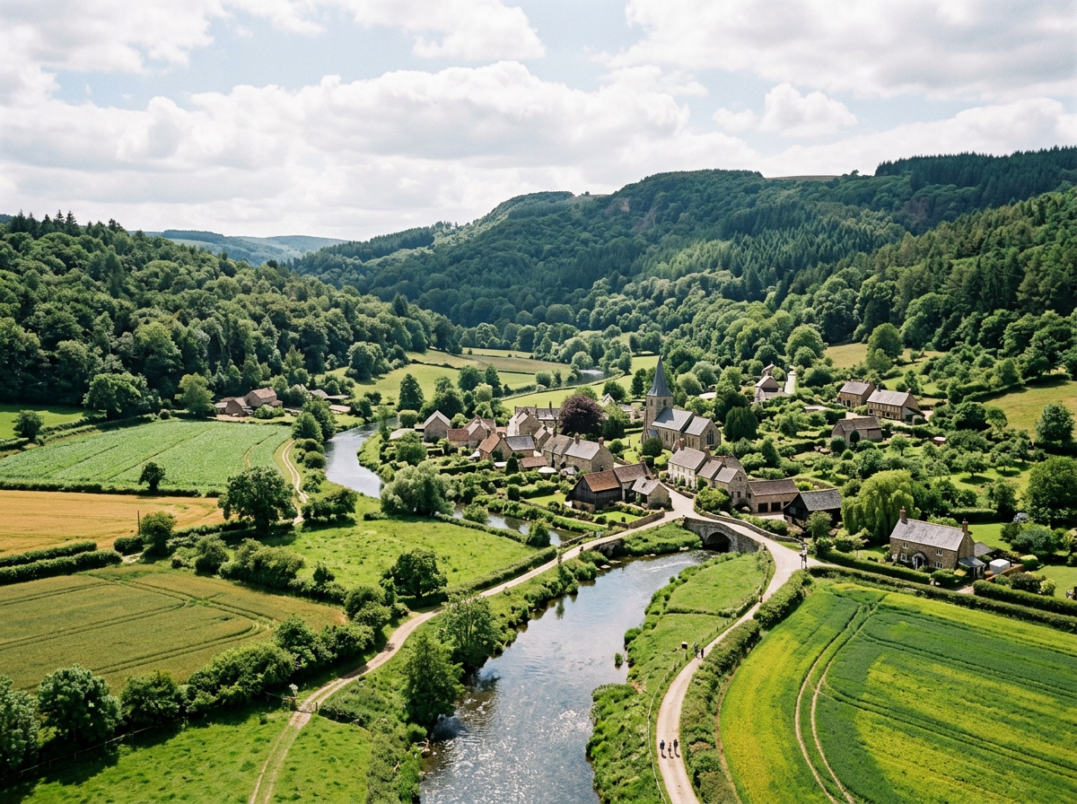 A small village with stone houses and a church beside a winding river surrounded by green fields and forested hills