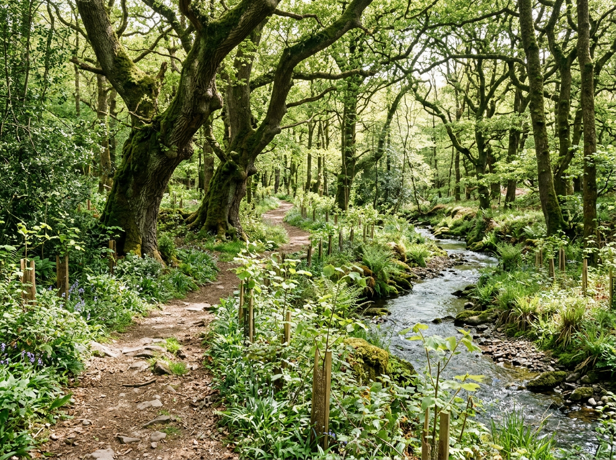 Forest path next to flowing stream with green plants and trees