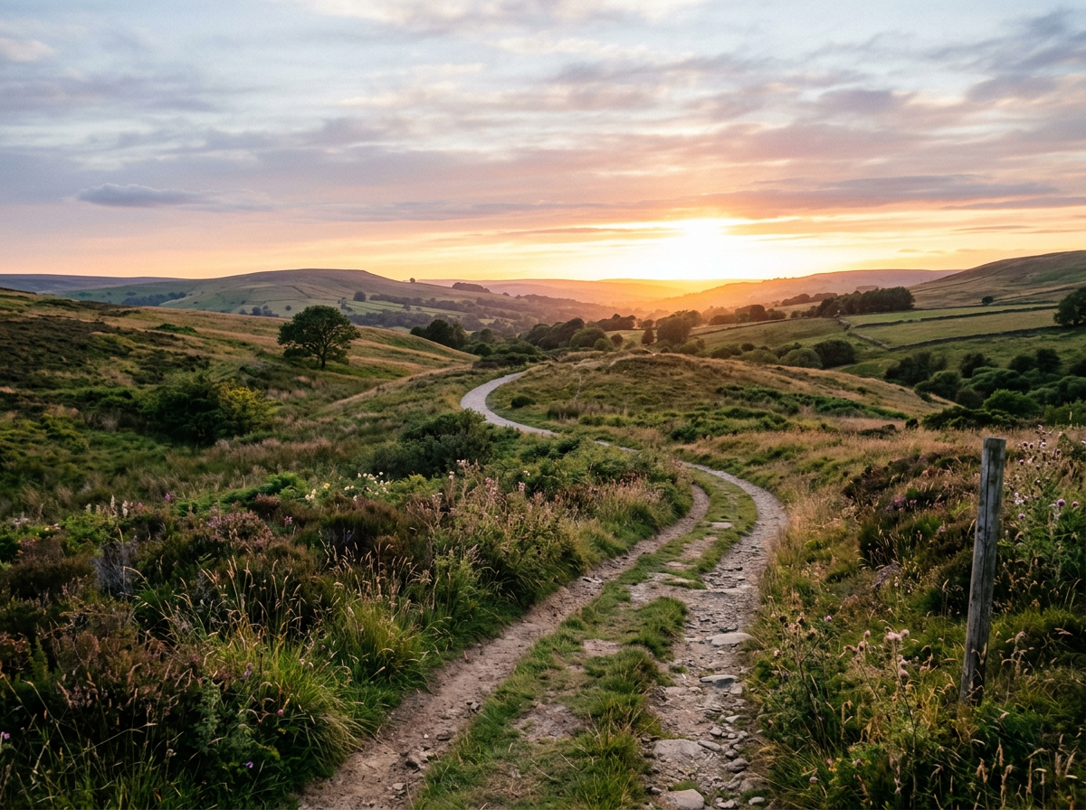 Winding dirt path through grassy hills with sunset in the background