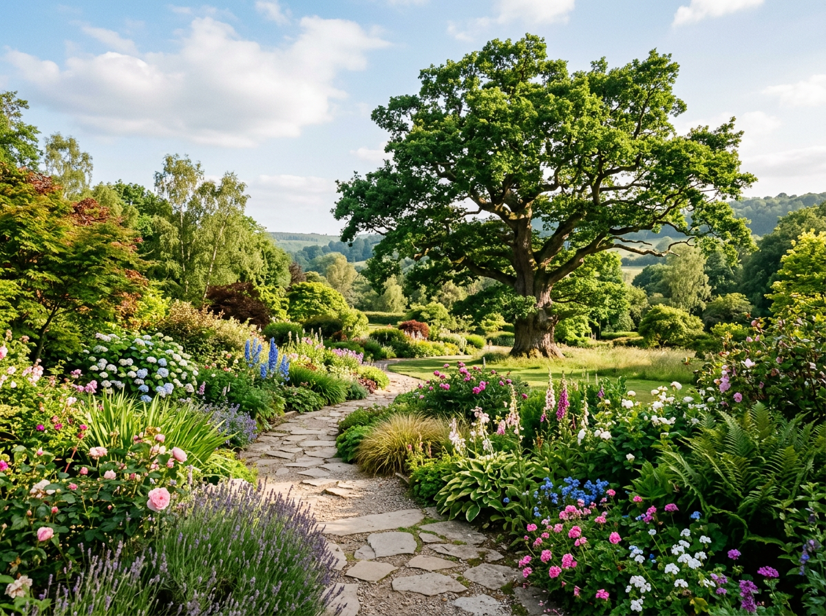 Stone garden path winding through colorful flowers with large oak tree in background