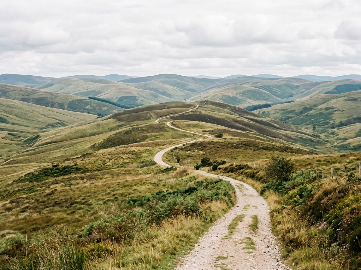 Curving dirt trail leading through grassy rolling hills with cloudy sky