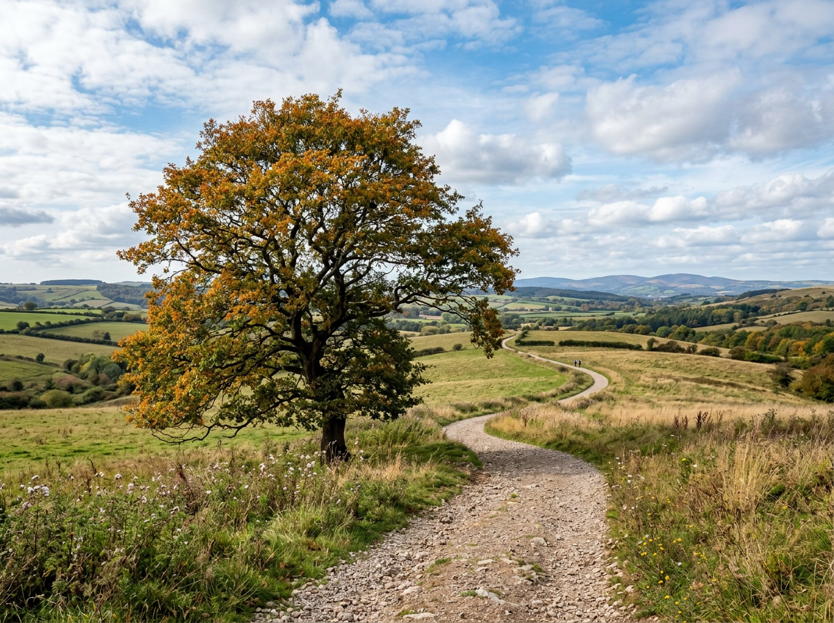 Winding dirt path next to a tree with autumn leaves in a grassy countryside landscape.