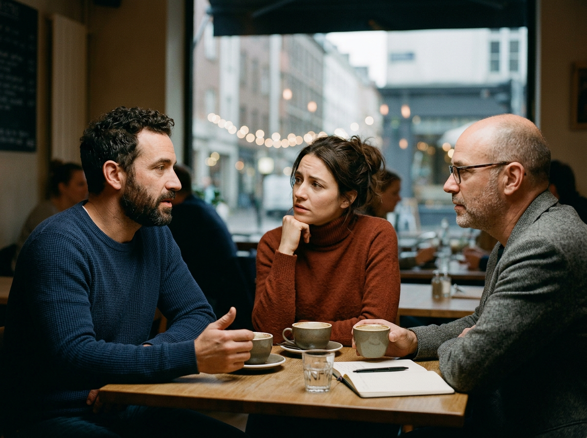Three adults having a serious conversation over coffee in a cafe