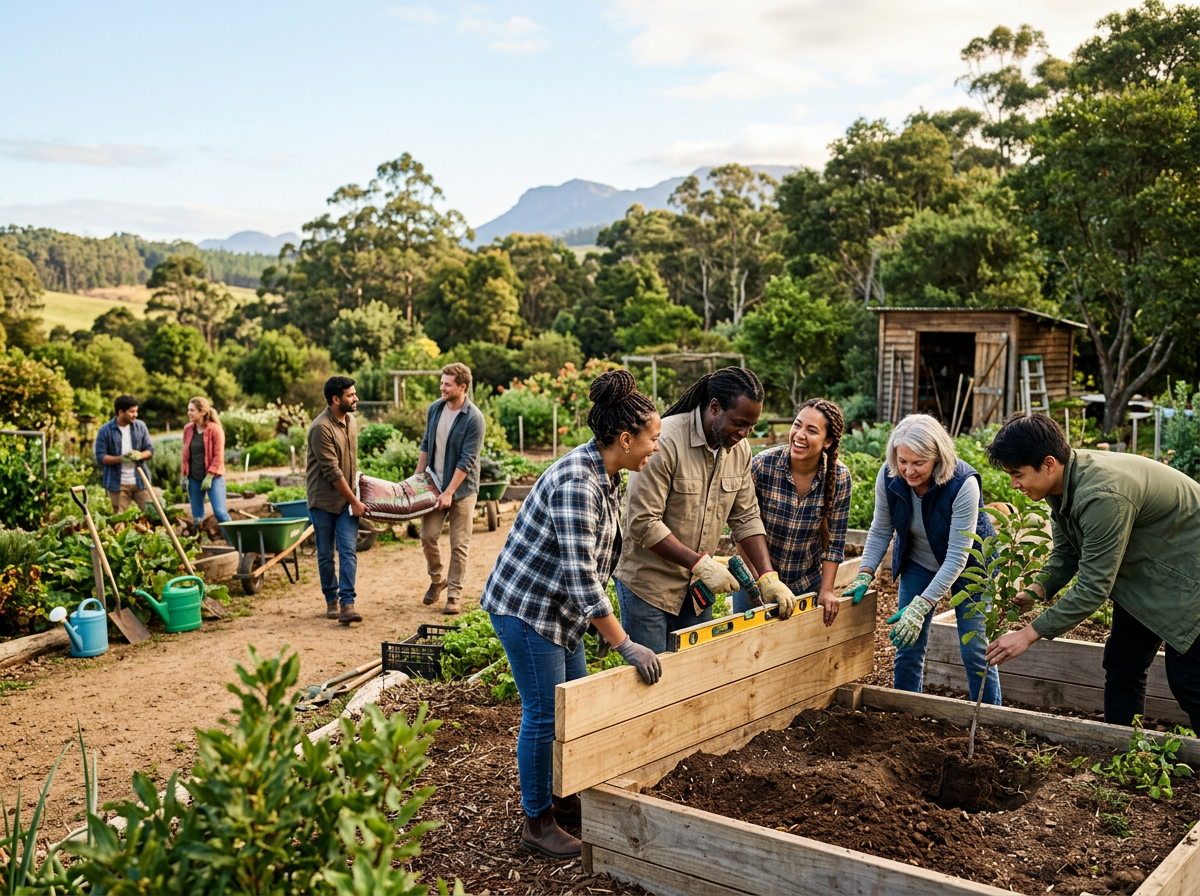 Group of people constructing raised garden beds and planting trees in a community garden