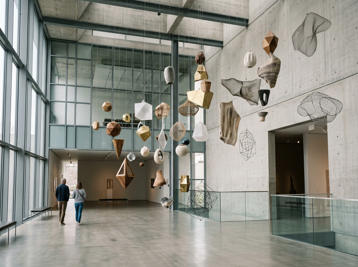 Abstract geometric and organic sculptures suspended in a modern gallery space