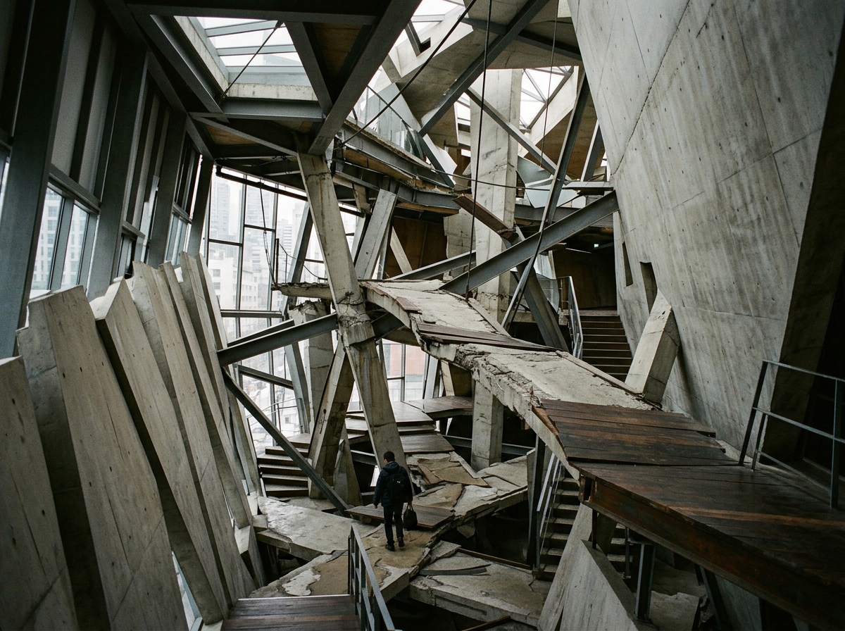 Person walking on concrete and metal angled walkways supported by steel beams inside industrial building