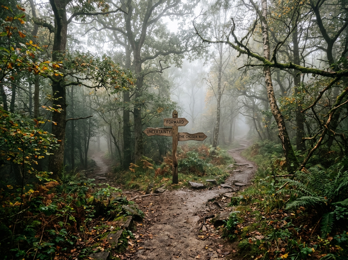 Misty forest path with signs reading “FORWARD,” “UNCERTAINTY,” and “THE CHOSEN WAY”