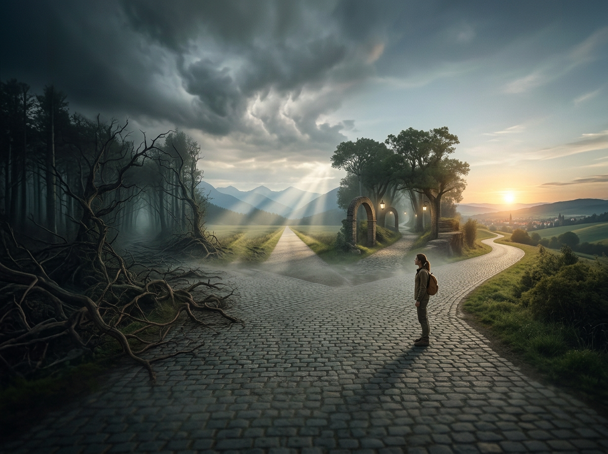 Traveler facing branching roads labeled Fear, Clarity, Discernment, and Agency