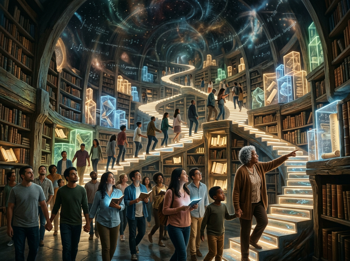 People exploring a fantastical library with glowing spiral staircases and cosmic equations