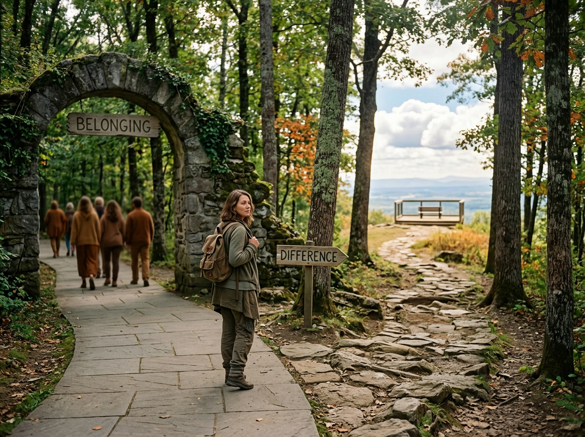 Traveler choosing between paths marked “BELONGING” and “DIFFERENCE”