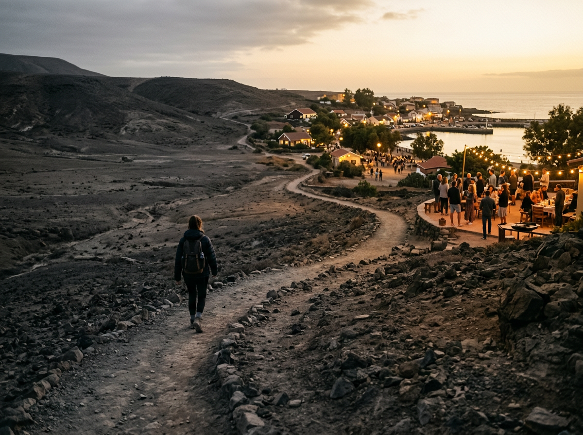 Hiker walking toward a lit seaside village along a rocky path