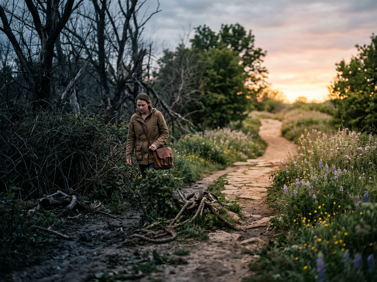 Traveler walking beside a wildflower-lined woodland path at sunset