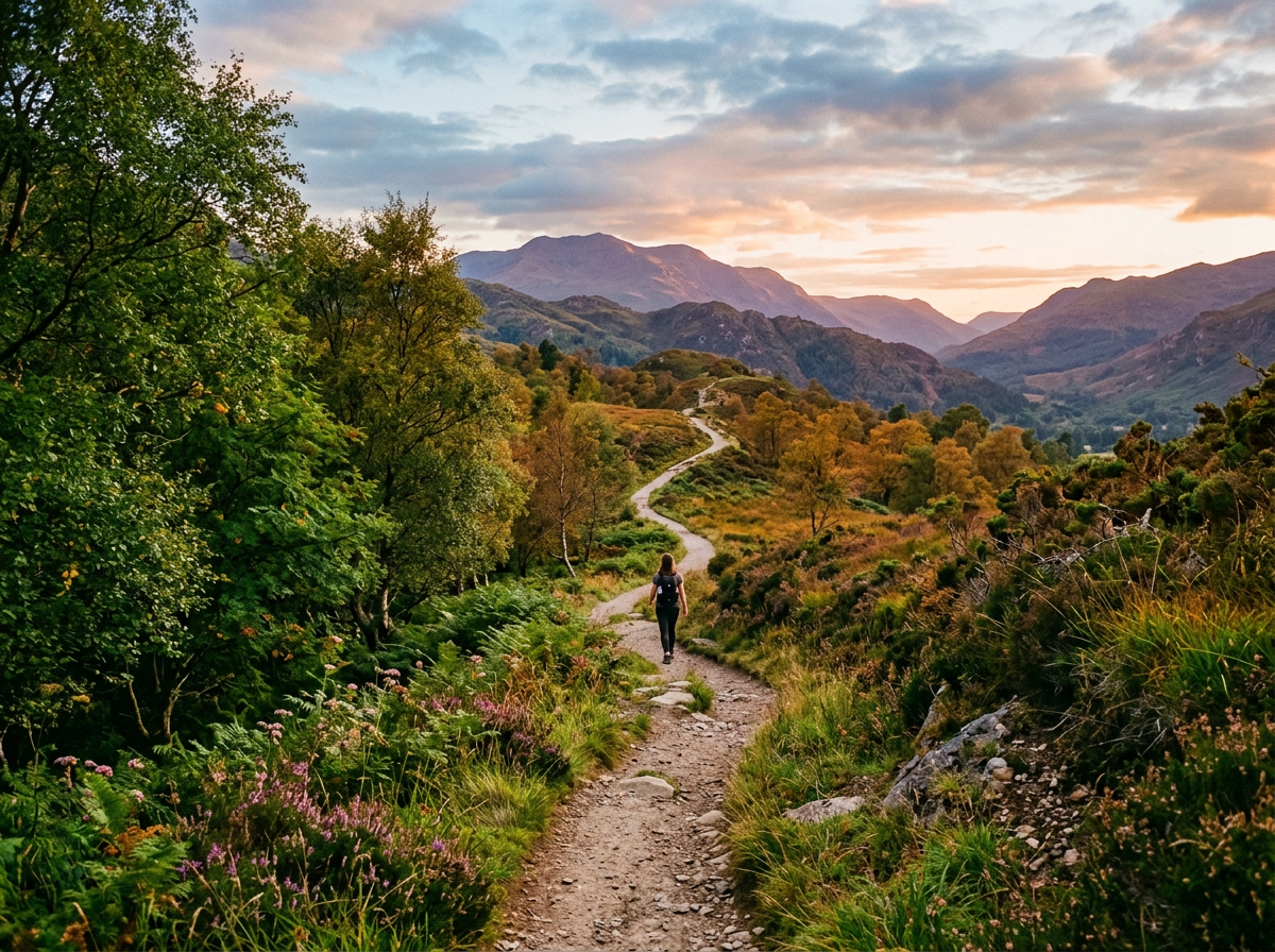 Hiker walking along a mountain trail surrounded by autumn trees and distant peaks