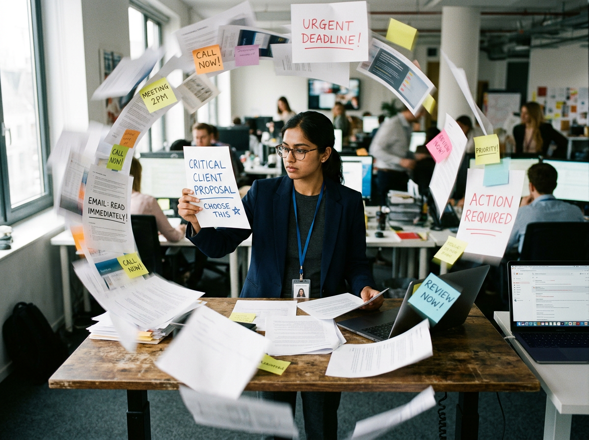 Office professional holding a critical client proposal amid urgent deadline notes