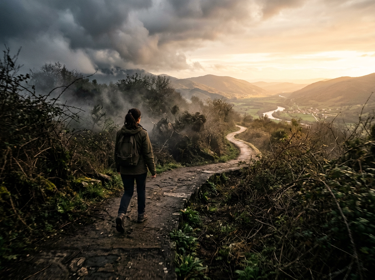 Hiker walking along a trail overlooking a winding river valley