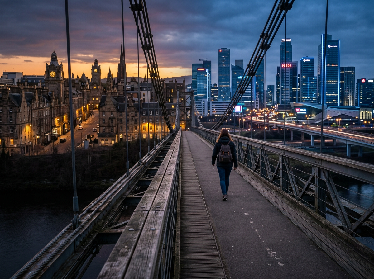 Person walking across a suspension bridge toward Newcastle skyline at dusk