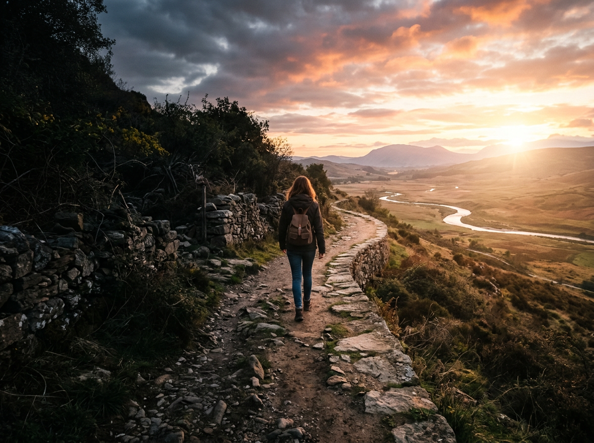 Hiker walking along a stone trail above a winding river valley at sunset