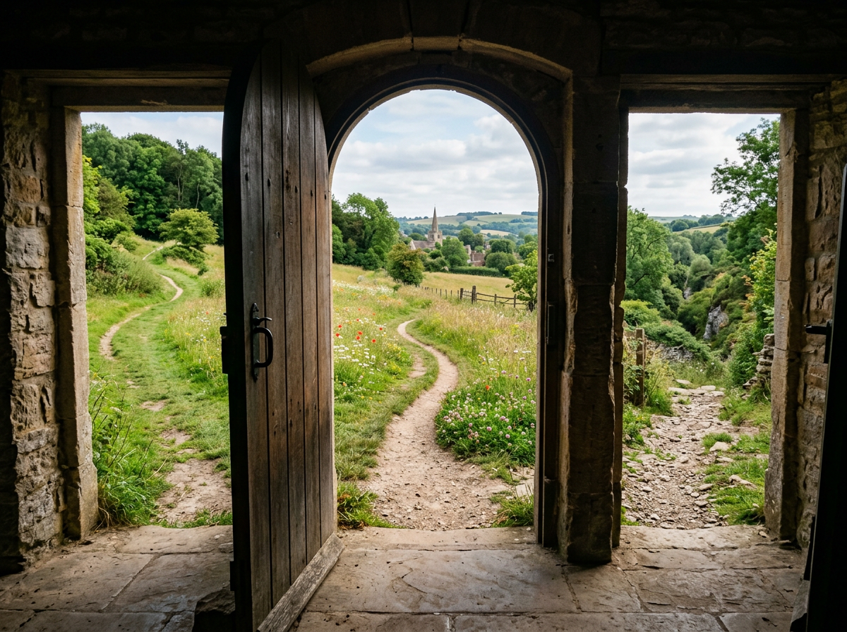 Open wooden doorway framing countryside paths, wildflowers, hills, and a church steeple