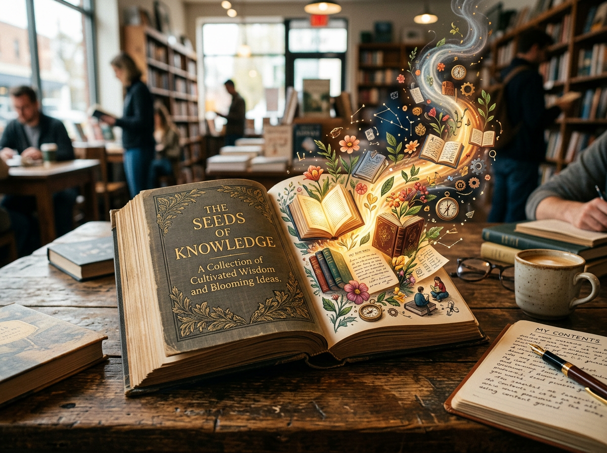 Open book titled The Seeds of Knowledge with illustrated ideas, flowers, and books
