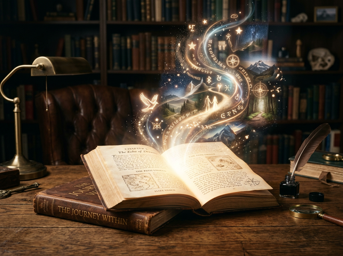 Open illustrated book with glowing magical symbols rising above it