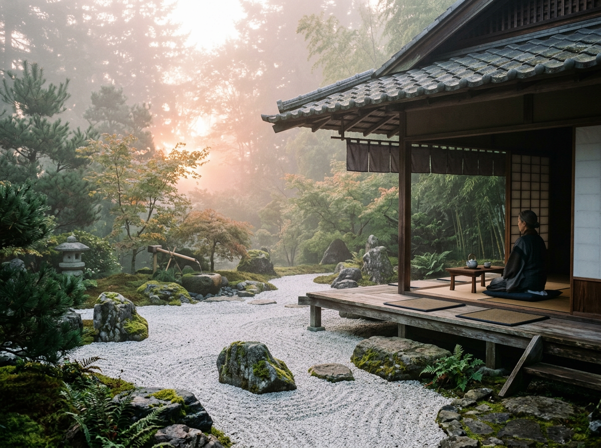Person meditating beside a traditional Japanese house in a mossy garden