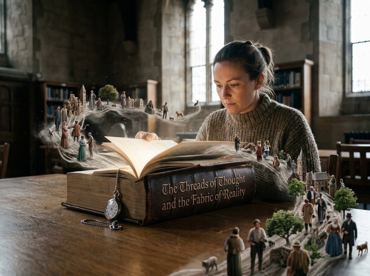 Woman reading “The Threads of Thought and the Fabric of Reality,” with miniature worlds emerging